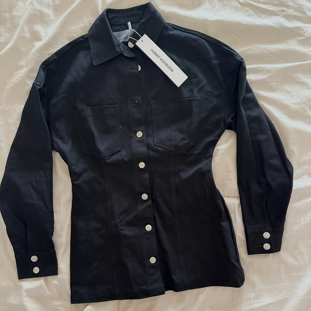 Naked Wardrobe Denim Black Shirt Dress with Silver Button